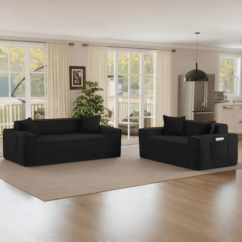 2-Piece Modern Boneless Living Room Set With Loveseat And Sofa, Black, 2 Pieces: 1 Loveseat, 1 Sofa
