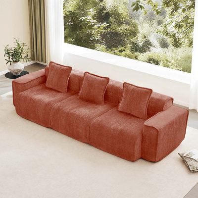 Streamlined Design Deep Seat Modular 3-Seat Boneless Sofa With French Edge Piping, No Assembly Required, Velvet Fabric Red