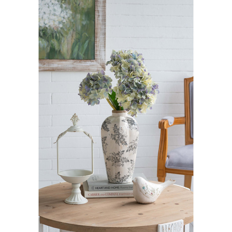 White Ceramic Accent Vase With Gray Floral Design, 13.6" H x 8.1" W x8.1" D