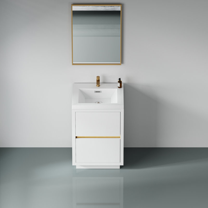 Meuble-lavabo de 24 po, blanc brillant. Pré-assemblé pour une installation rapide. Capacité généreuse. Comptoir de qualité supérieure en résine de pierre. Meuble-lavabo autoportant en bois avec lavabo
