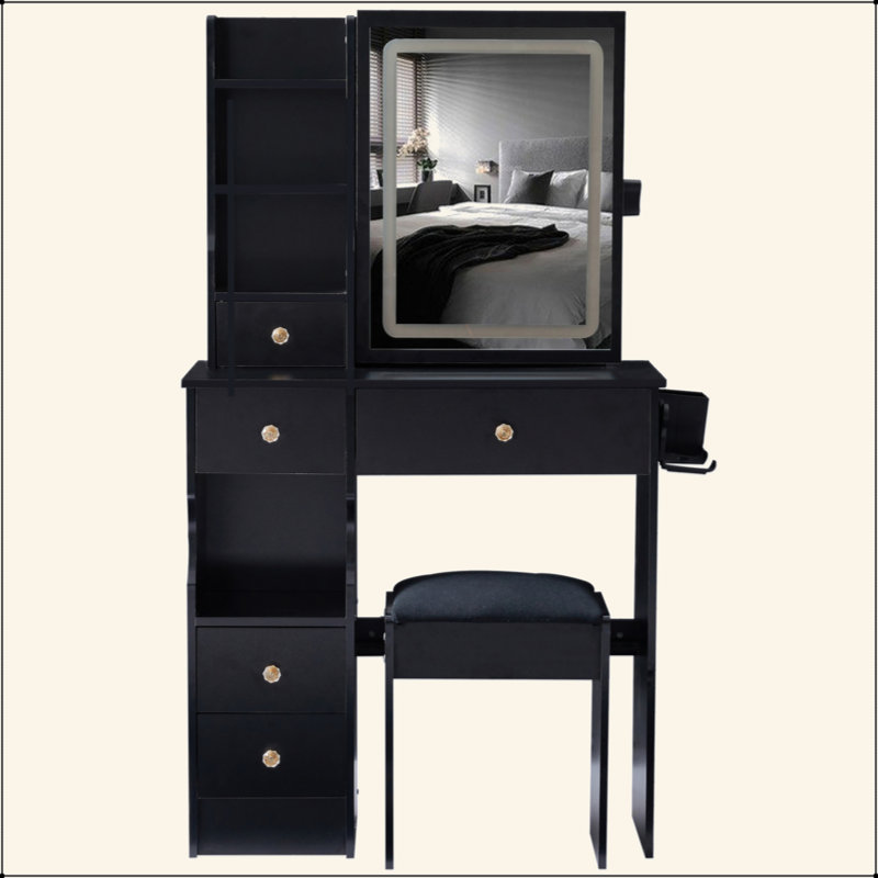 Small Size Left Drawer Desktop Vanity Table + Cushioned Stool, 2 AC+2 USB Power Station, Hair Dryer Bracket, Extra Large Touch Control Sliding LED Mirror, Tri-Color Switching, EPA,GCC,UL Certificate