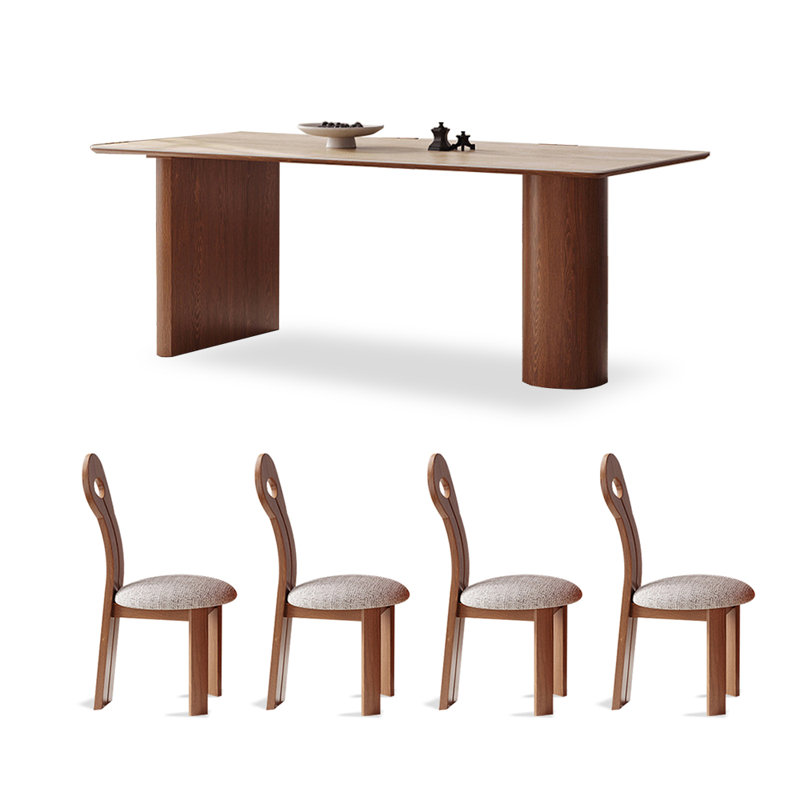 4 - Person Beige+Nut-brown Rectangular Solid Wood Sintered Stone Tabletop Dining Table Set, 29.53"H x 55.12"L x 31.5"W