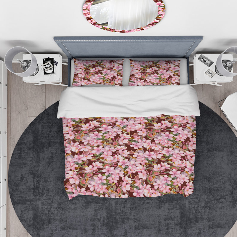 Ensemble de housse de couette designart fleuring, Housse de couette grand + 2 taies décoratives, Rose/brun