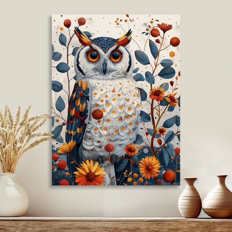 Nobel, hibou en fleurs, fleurs orange, H 32 po x l 24 po x P 1 po, Pas de métal encadré