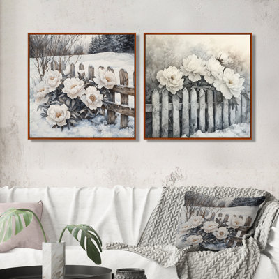 Pivoines d'hiver par la clôture enneigée I - Art mural pivoines - décoration murale traditionnelle 2 pièces