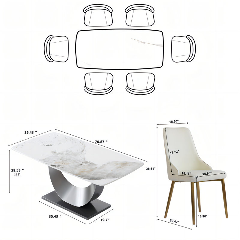 Ensemble de table de salle à manger en pierre frittée pour 6 personnes Aretzi, Marbre blanc