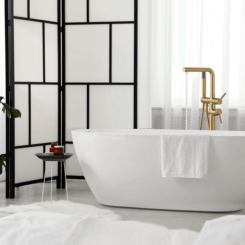 Robinet de baignoire autoportant moderne à poignée simple, robinet de baignoire à fixation au sol avec douche à main, Doré