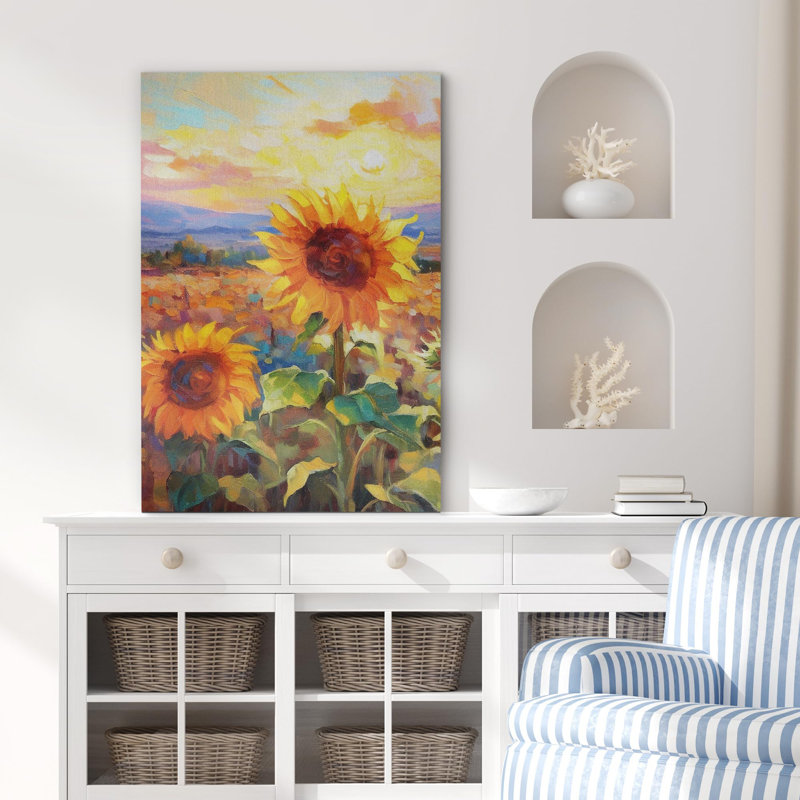 Tournesol «Sunflowers Illustration Decor Scenic Multicolor Rustic For Room» sur toile, H 18 po x l 12 po