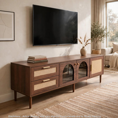 Meuble télé avec éclairage DEL, mode musique, portes vitrées cintrées, brun foncé 71 pouces
