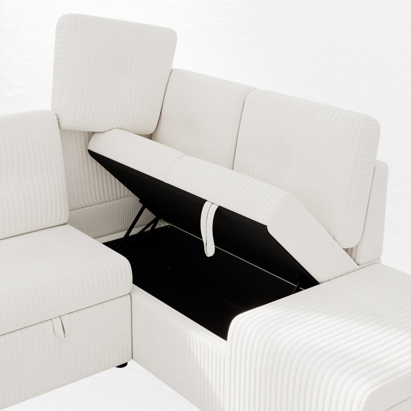 Canapé-lit modulaire rembourré avec repose-pieds et rangement, Velours côtelé blanc crème