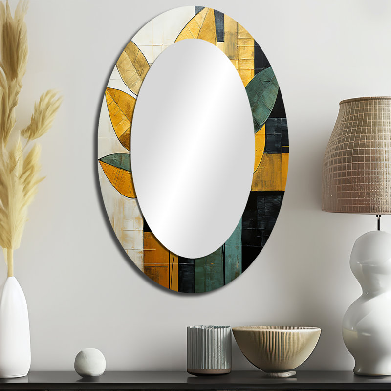 Feuilles géométriques dorées - grand miroir mural ovale sur métal, 36 po x 24 po
