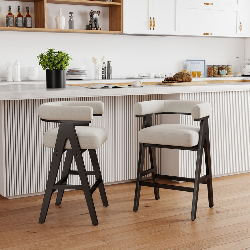 Upholstered Counter Stool With Barrel Back, Modern Counter Height Bar Stool For Kitchen/Dining Room, White