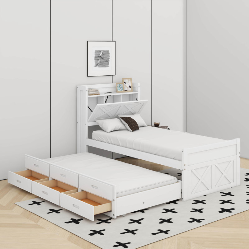 Lit simple en bois avec lit gigogne, Blanc
