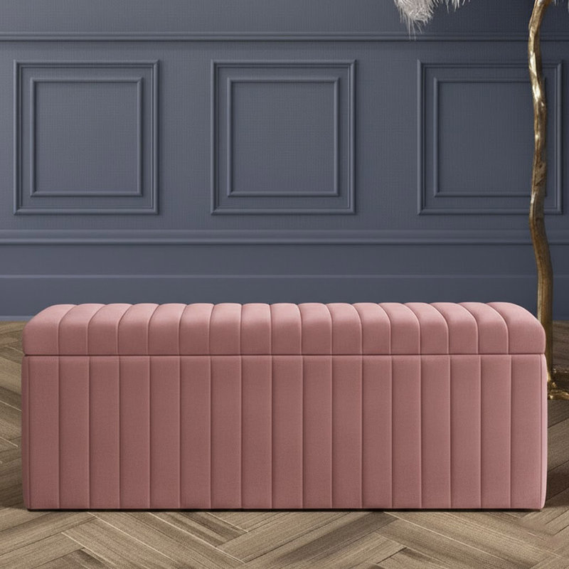 Lux Striped Wide Velvet Rectangle Solid Color Standard Ottoman Box with Storage, 40 cm H x 90 cm W x 42 cm D, Pink