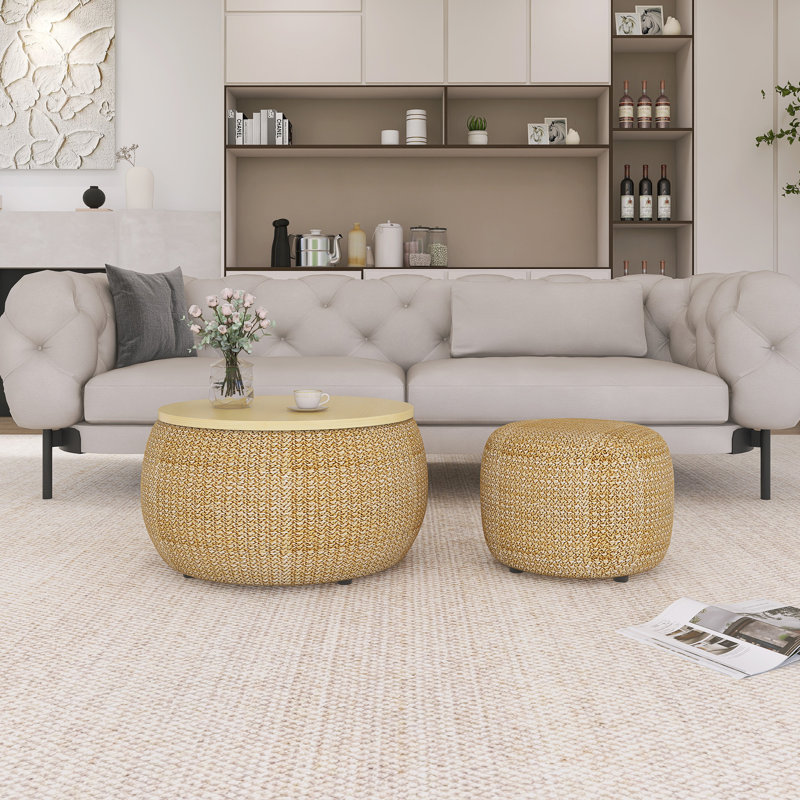 Round Storage End Table With Small Seat, Natural, Natural
