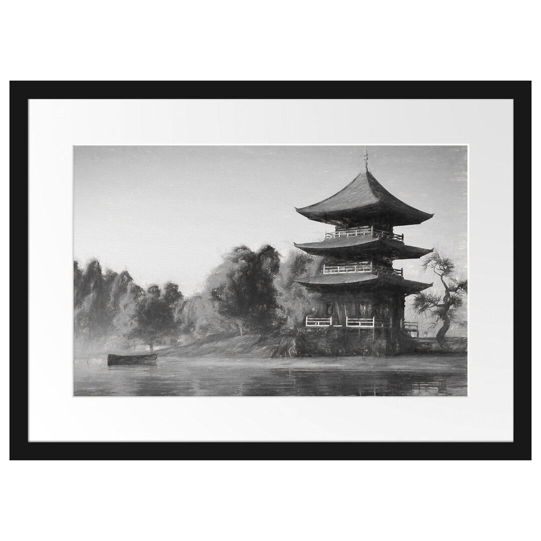 Gerahmtes Papierbild Asiatischer Tempel an See