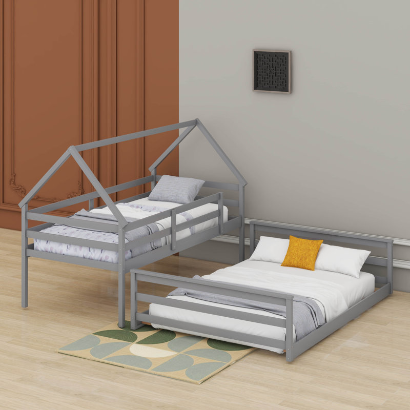 Twin Over Full House Bunk Bed With Built-In Ladder, Gray