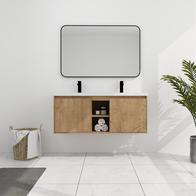 48" Wall Mounted Bathroom Storage Vanity With Double Sink - Robust Build Soft Closing Door Quality Stylish Appearance Dual Sinks Shell Trait Contemporary Fixture Idea