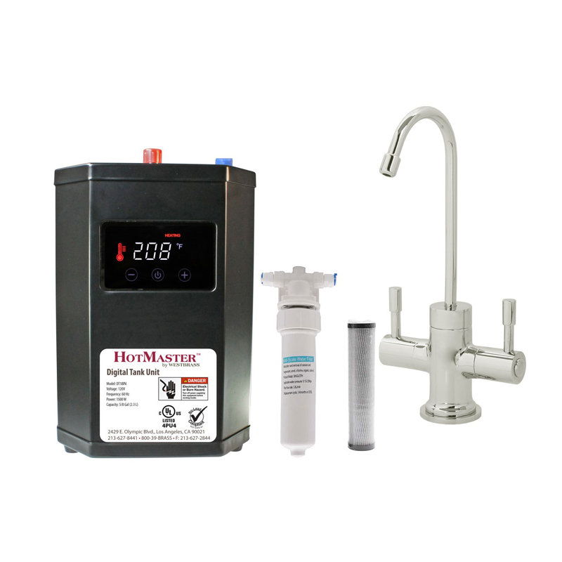 Contemporary 10" 2-Handle Hot and Cold Water Dispenser Faucet with Heating Tank and Filter System, Polished Nickel