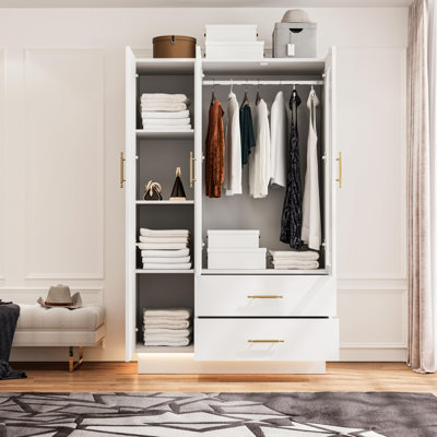 Armoire de chambre à coucher avec garde-robe avec 3 portes et 2 tiroirs, grande armoire de rangement en bois de 71 po de hauteur avec verre cannelé moderne et tablettes, avec barre à vêtements, cadre robuste, pour chambre à coucher, blanc