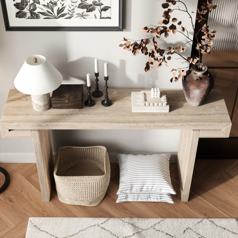 Console 60 pouces avec bois vieilli et finition naturelle pour le couloir du salon - charme, conception multi-espaces, table rectangulaire, base en forme de H, entrée de style rustique, hauteur standard, pieds,
