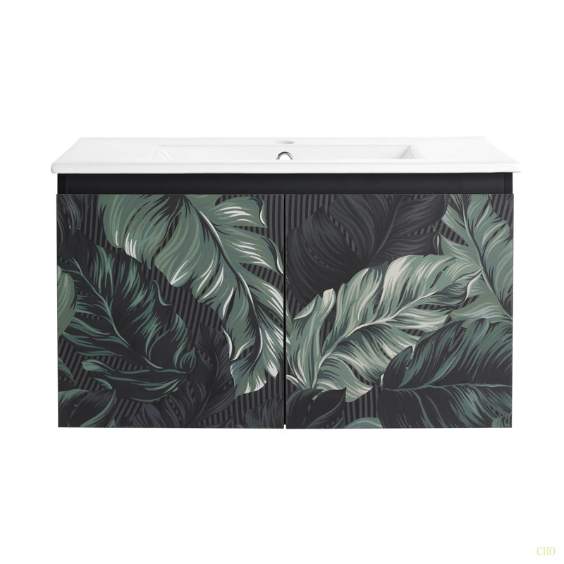 Meuble-lavabo mural flottant 30 po avec lavabo en céramique et porte d'armoire à fermeture en douceur, ensemble KD