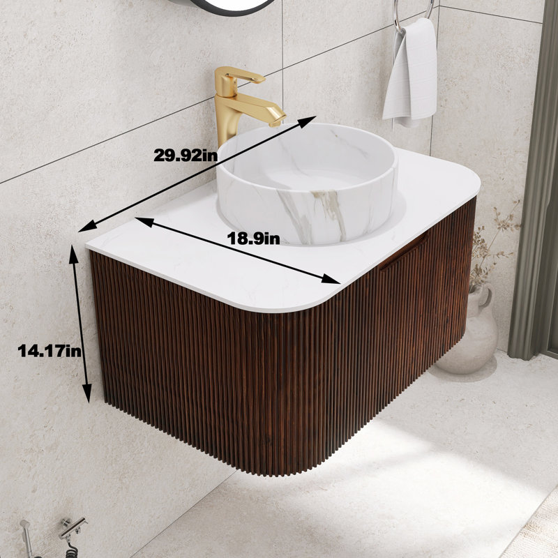 Meuble-lavabo mural rayé avec rebords incurvés pré-assemblés avec lavabo, 30", Brun