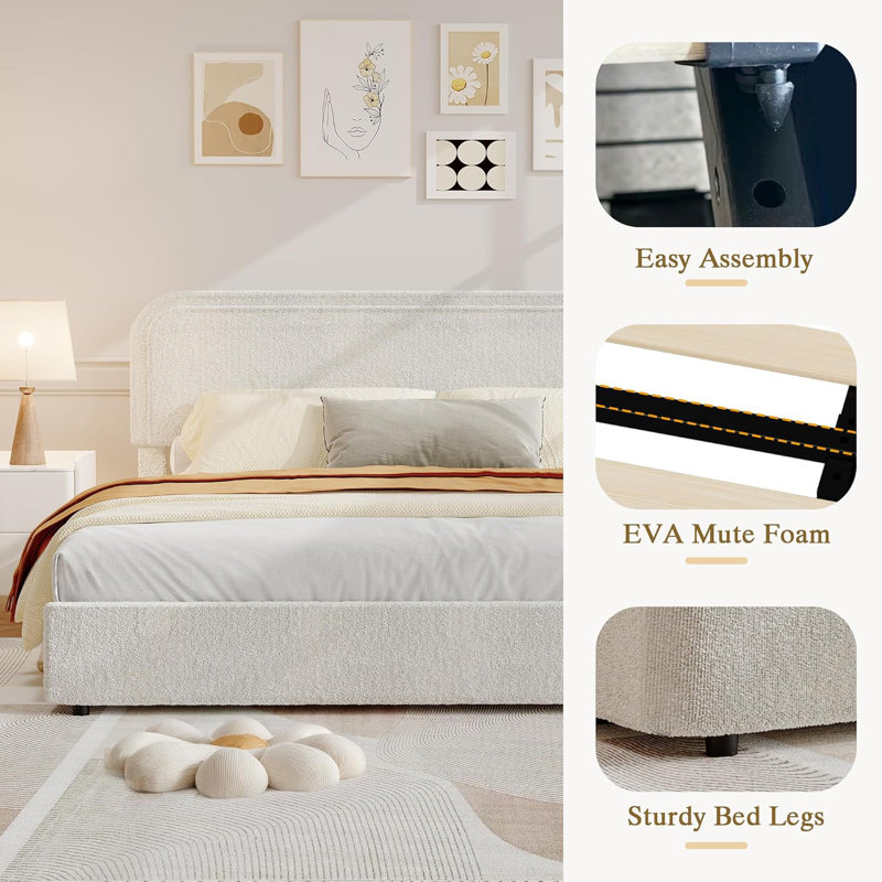 Bed Frame With Soft Headboard, Boucle Upholstered Bed Frame With Storage Drawers, Wooden Slats Support, Twin