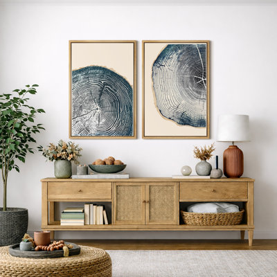 Tree Ring "Navy Blue Wood Stump Artwork, Simple Modern Rustic Wall Pictures, Framed Canvas Giclee Print 2 Pieces Wall Art Set" 