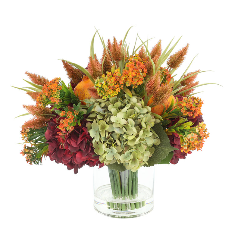 Fall Arrangement with Hydrangeas and Thistle, Green/Burgundy/Orange