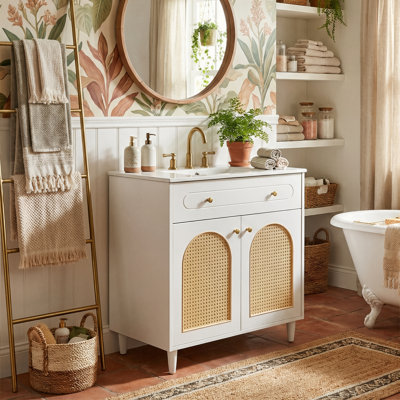 30" Boho-Chic Rattan Bathroom Vanity With Ceramic Sink, Solid Wood Frame Cabinet With Woven Door Panels (White / Walnut)