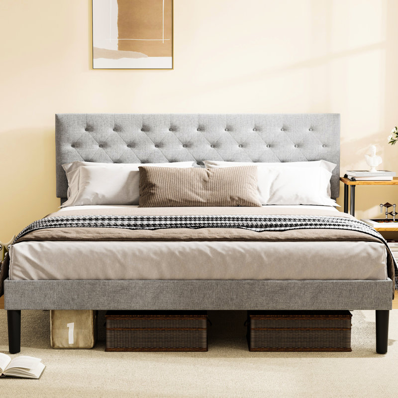 Grand lit moderne en fer, gris, hauteur de 43,89 po, tête de lit réglable, bruit - charge de 705 lb, peu encombrant