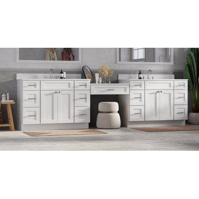 Disar 126'' Double Bathroom Vanity With Desk Dovetail Solid Wood Drawer Carrara Quartz Top