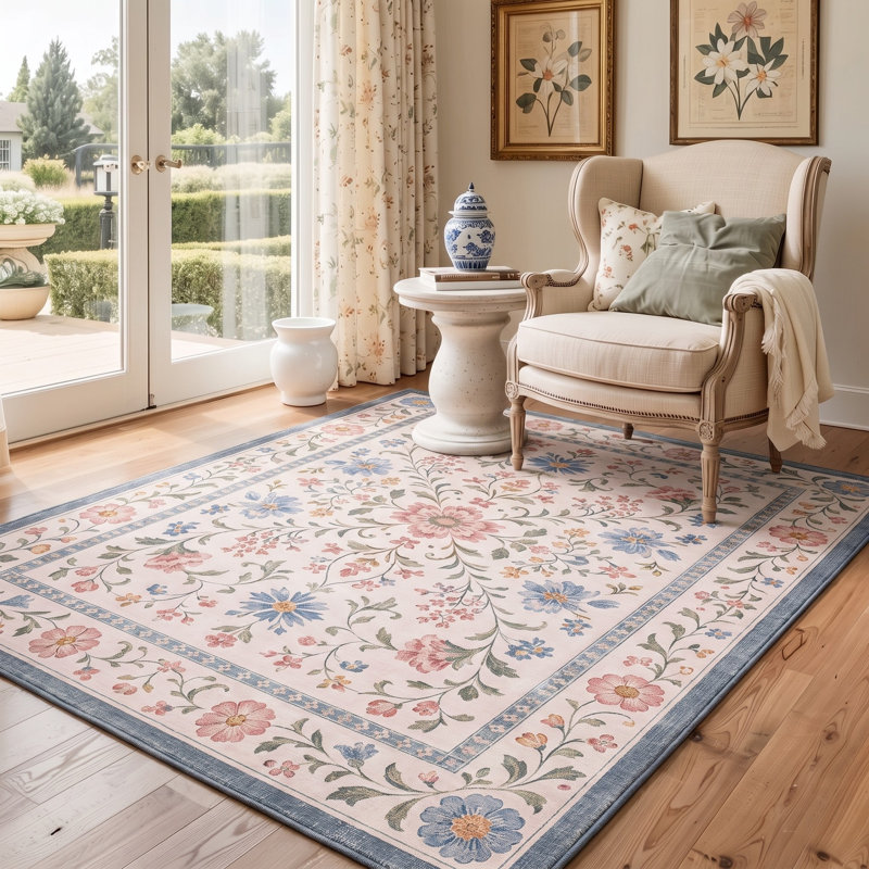 Tapis floral ivoire / rose lavable à la machine avec envers antidérapant, Rectangle 5 pi x 7 pi