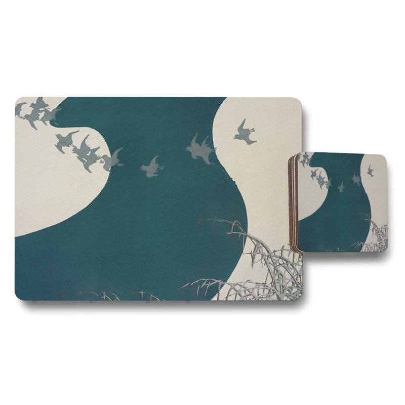 Teal Moonlit Birds Placemat And Coaster Set For Dining Tables