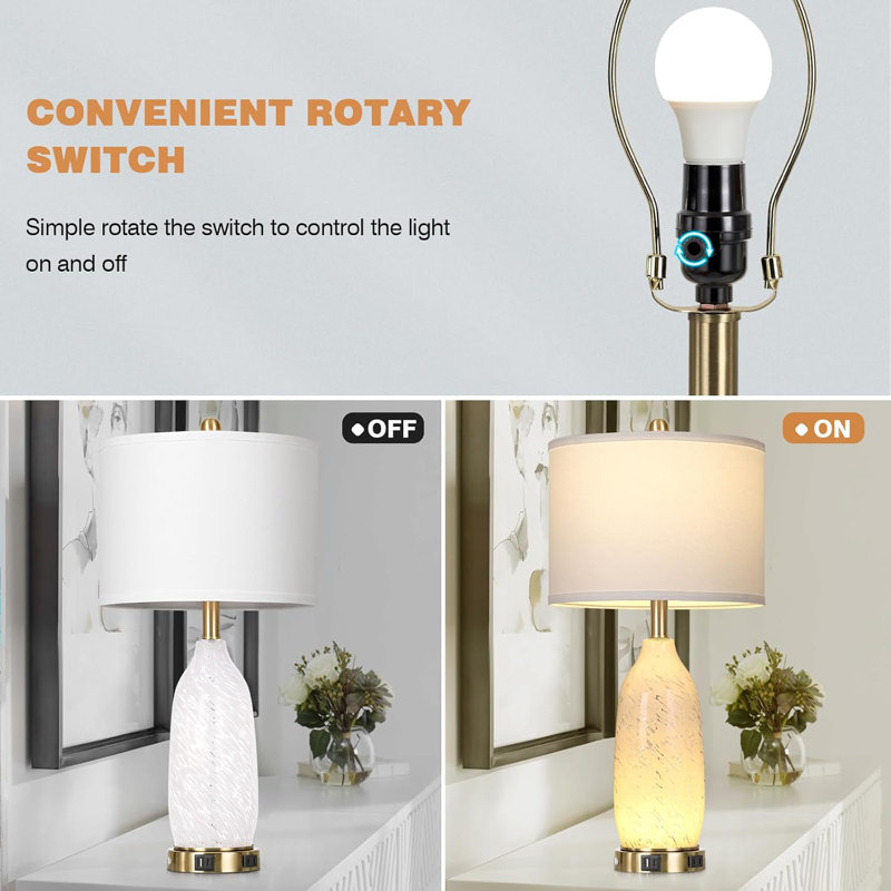 26'' White Glass Table Lamps Set with USB Ports and Touch Control