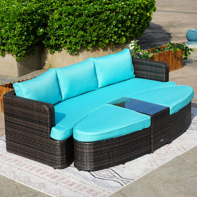 Anazco 89'' Wide Curved Patio Daybed with Cushions, Brown, Cyan