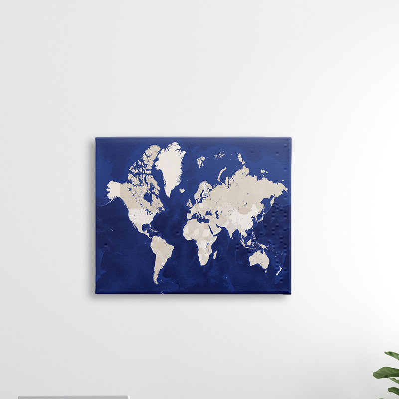 Carte du monde traditionnelle avec tons neutres sur fond bleu - impression, Giclée encadrée noir minuit