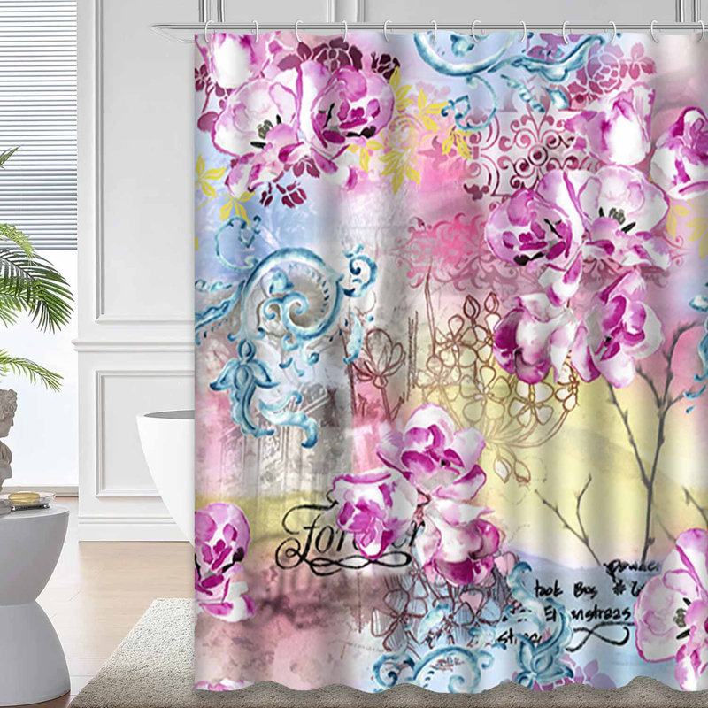 Aquarelle, fleurs, ornements en cachemire, bâtiments abstraits, lettres, fleurs et 12 crochets, L 72 po x l 84 po