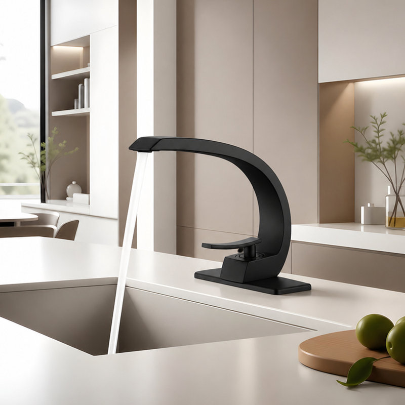 Robinet de salle de bain monocorps et monocommande avec drain, Noir mat