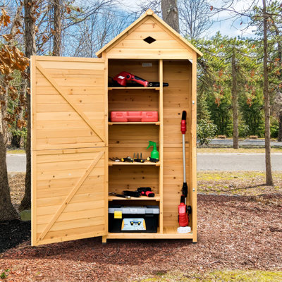 Outdoor Storage Shed, Small Waterproof Garden Tool Shed with 4 Shelves & Lockable Door, Compact Wood Storage Cabinet for Patios, Backyards, Balconies, Natural