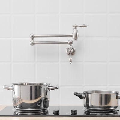 Wall Mount Pot Filler, Commercial Kitchen Faucet In Brushed Nickel, Brass Double Jointed Swing Spout, Style A, And Low - Maintenance, Smooth Action, 360 Spout Movement Material, Stretchable Joint