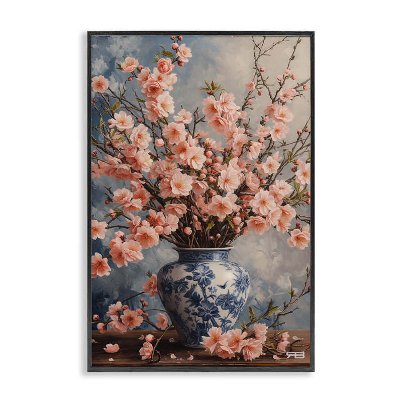 Vase détaillé de cerisier en fleurs blanc, estampe numérique par Roozbeh Bahramali, Giclée encadrée noir minuit