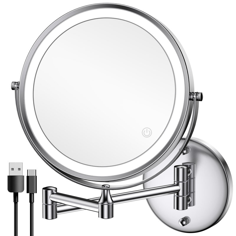 Miroir de maquillage mural lumineux rechargeable, miroir de meuble-lavabo à double face à DEL de 8 pouces avec grossissement 1 / 10X, 3 lumières à couleur tactile, pivotant sur 360 ° à intensité variable et pivotant de 13 pouces