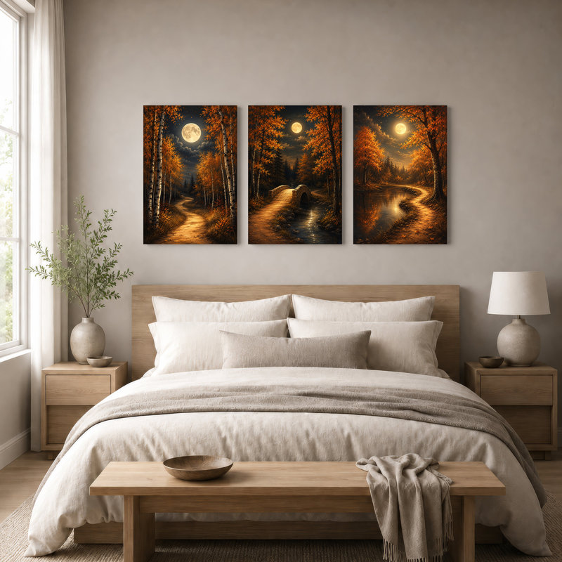 "Autumn Forest Path" et pont en pierre, ensemble de 3 toiles d'art, H 18 po x l 12 po x 3 pièces