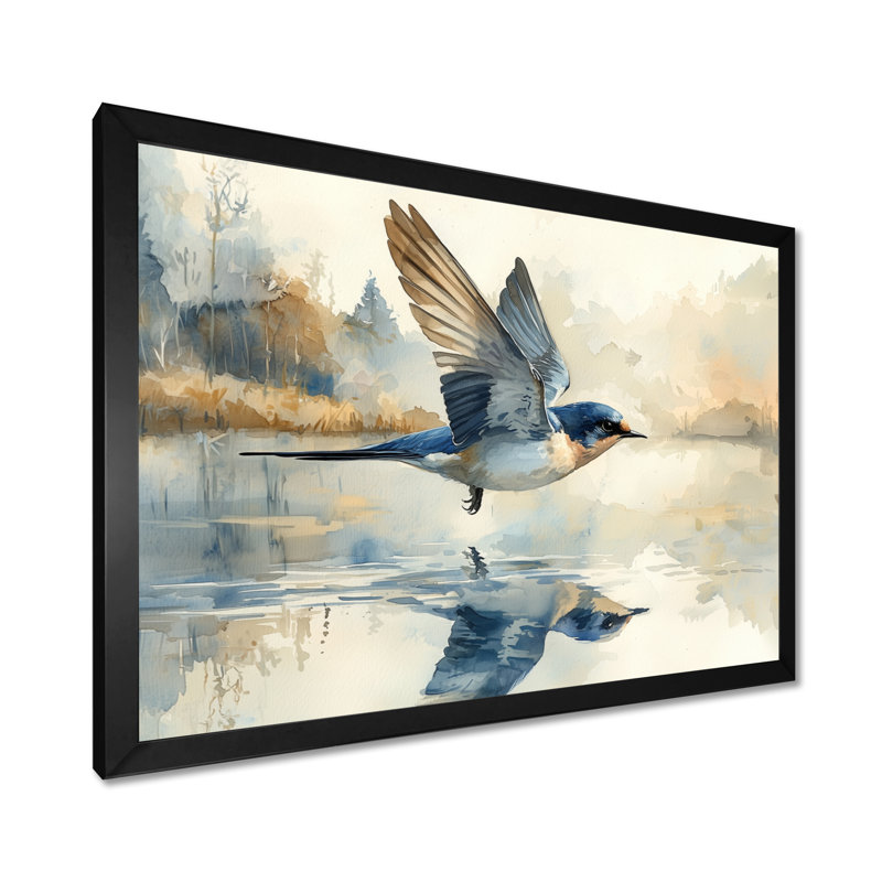 Oiseau hirondelle écumant l'eau - art mural oiseau pour le salon, H 30 po x l 40 po, Cadre flottant, Noir