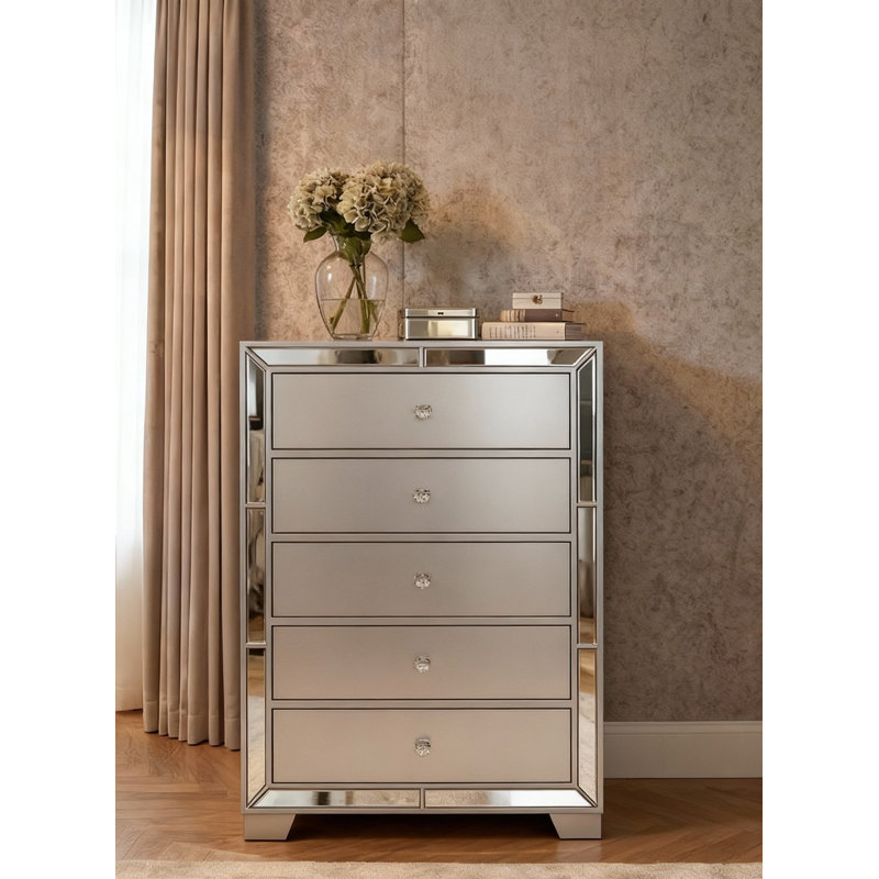 Fazeley 5 - Drawer Chest with Mirror Trim, Silver