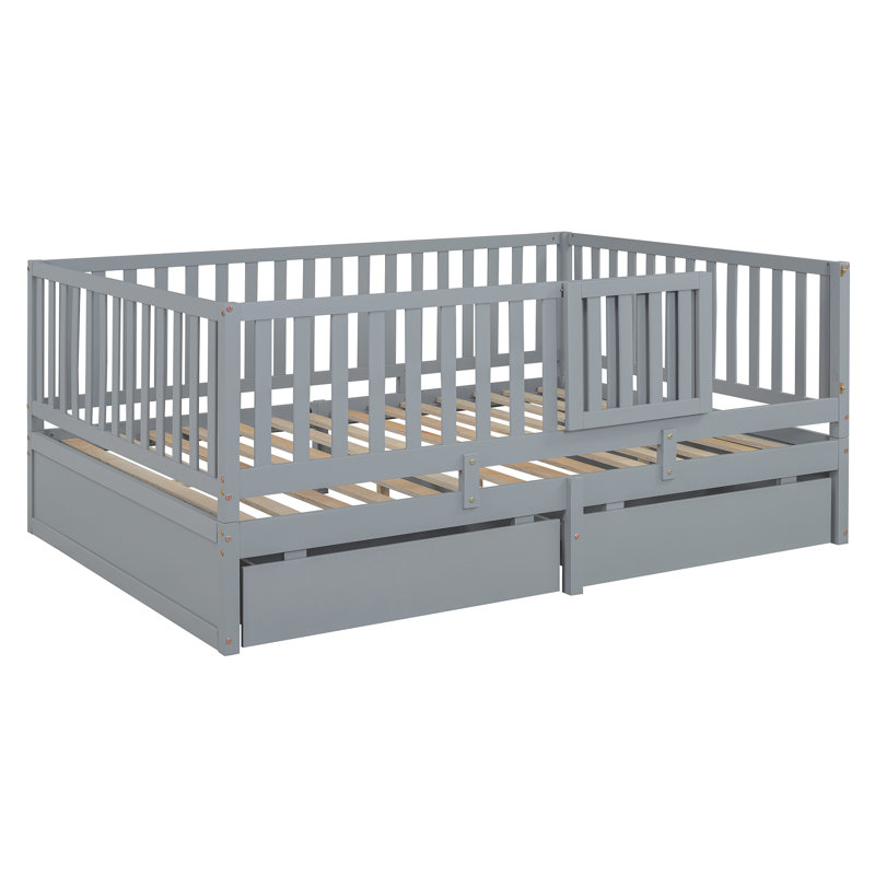 Wood Daybed with Fence Guardrails and 2 Drawers, Split into Independent Floor Bed & Daybed, Twin, Gray