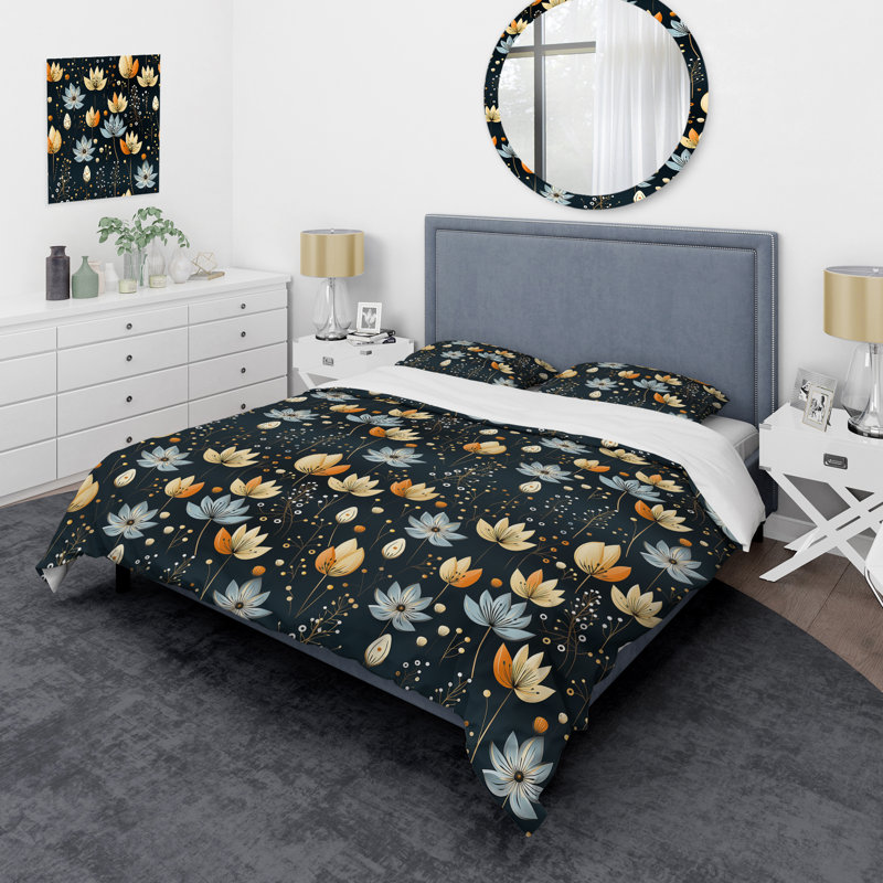 Ensemble de housse de couette à motif floral noir et jaune Meadow I, Housse de couette pour grand lit et 2 taies décor