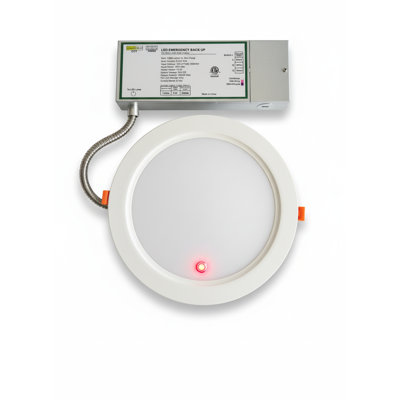 Spot encastré à DEL ultramince E2 Lighting de 20 cm (8 po) avec éclairage de secours de 10 W, puissance sélectionnable de 9 W, 16 W ou 18 W, température de couleur de 5 CCT, 100-277 V, blanc